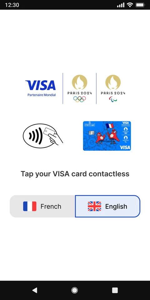 Écran d’accueil : carte Visa Paris 2024 sans contact et choix de la langue