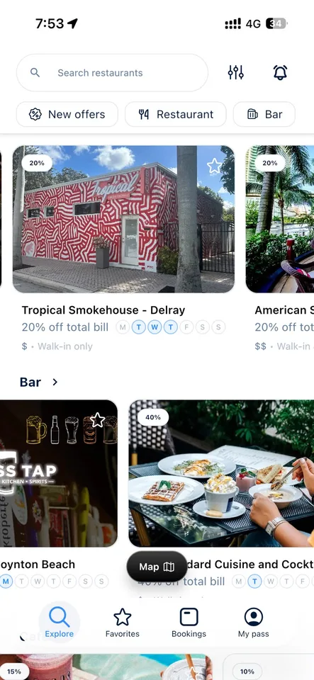 Exploration des restaurants et bars partenaires avec leur réduction et leurs jours de validité