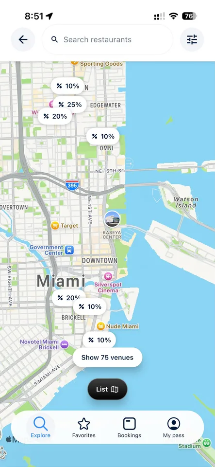 Carte de Miami : 75 établissements partenaires avec leurs pourcentages de réduction