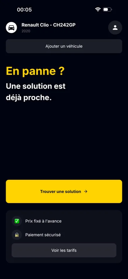 Écran d’accueil : véhicule enregistré, « En panne ? Une solution est déjà proche »