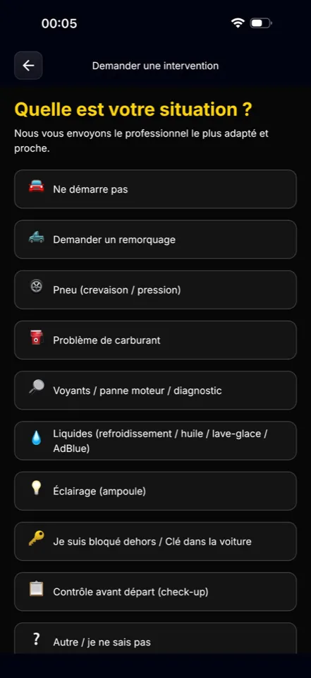 Choix de la situation : ne démarre pas, remorquage, pneu, carburant, voyants, clés…