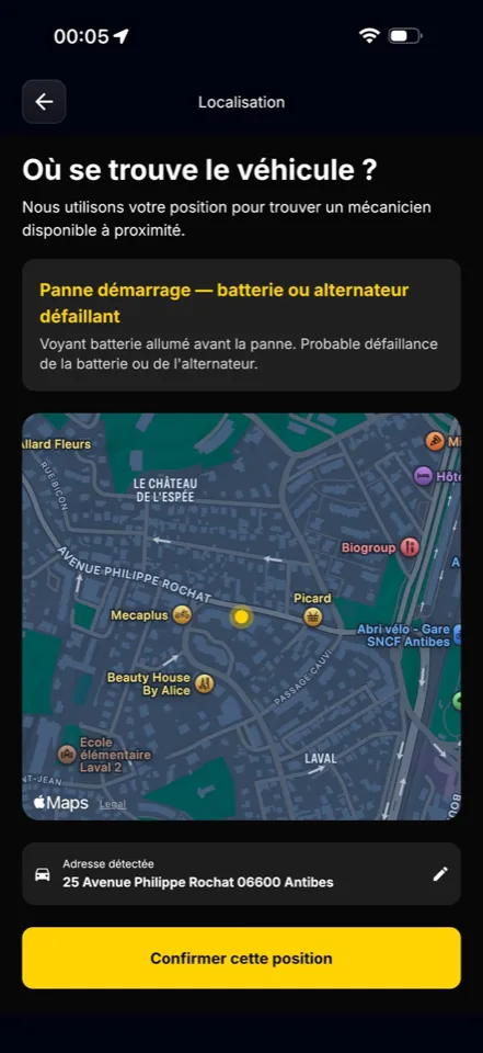 Localisation du véhicule sur la carte avec adresse détectée et diagnostic de la panne