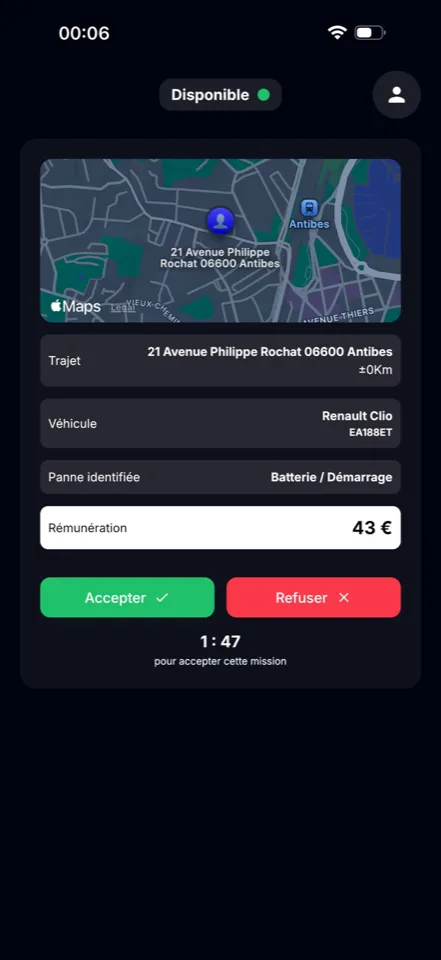 Côté mécanicien : mission proposée avec trajet, véhicule, panne et rémunération, à accepter en 2 min