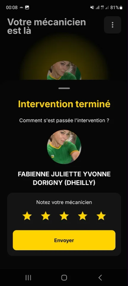 Intervention terminée : notation du mécanicien de 1 à 5 étoiles
